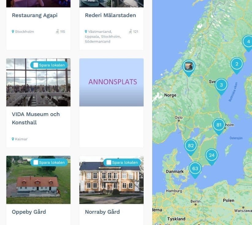 Exempel på annonsplats bland sökresultat på kartsidan