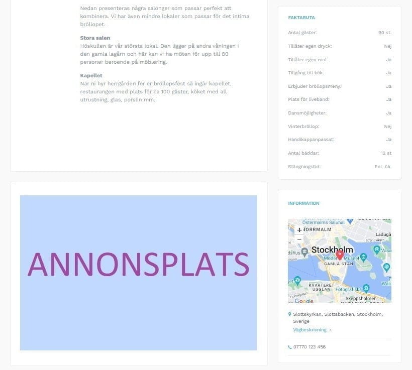 Exempel på annonsplats inne på en lokalprofil